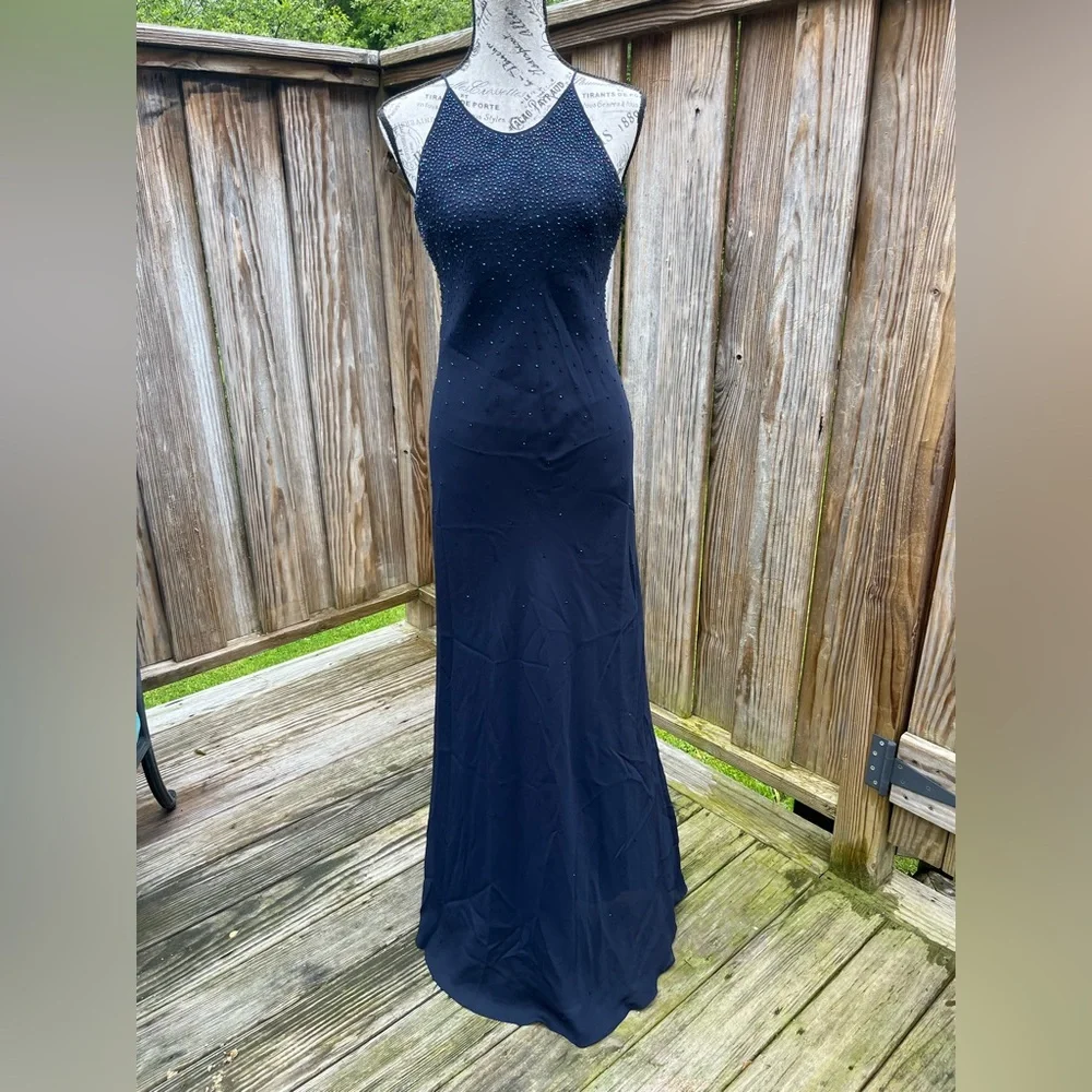 Elegant Navy Blue Evening Dress Floor Length - Picture 2 of 9